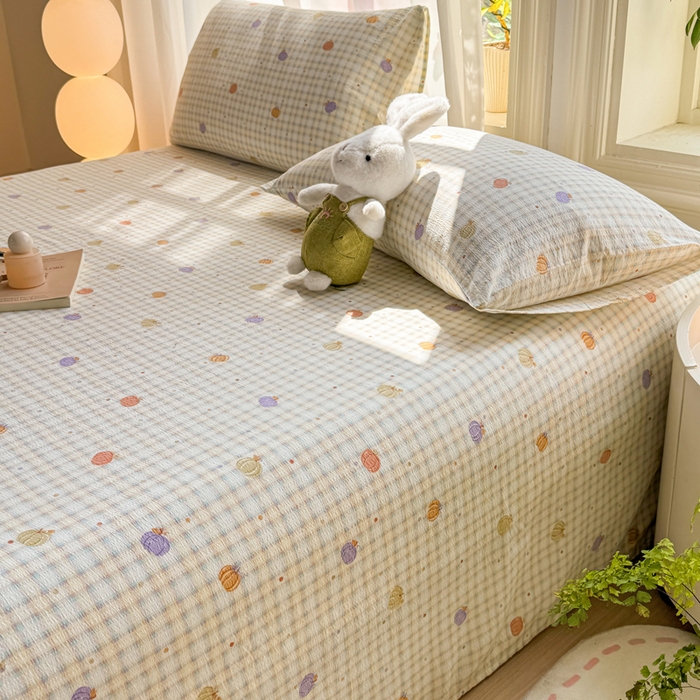 91家纺网 家纺一手货源 找家纺 丝芙妮家居 2026新款皱皱棉双层纱泡芙棉床单单床单 缤纷南瓜