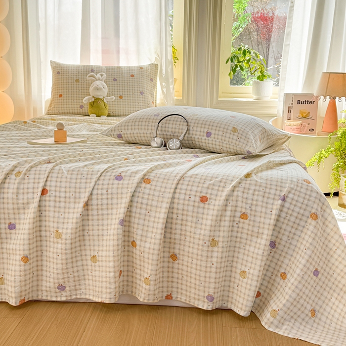 91家纺网 家纺一手货源 找家纺 丝芙妮家居 2026新款皱皱棉双层纱泡芙棉床单单床单 缤纷南瓜