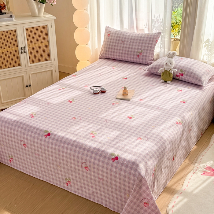 91家纺网 家纺一手货源 找家纺 丝芙妮家居 2026新款皱皱棉双层纱泡芙棉床单单床单 草莓奶昔