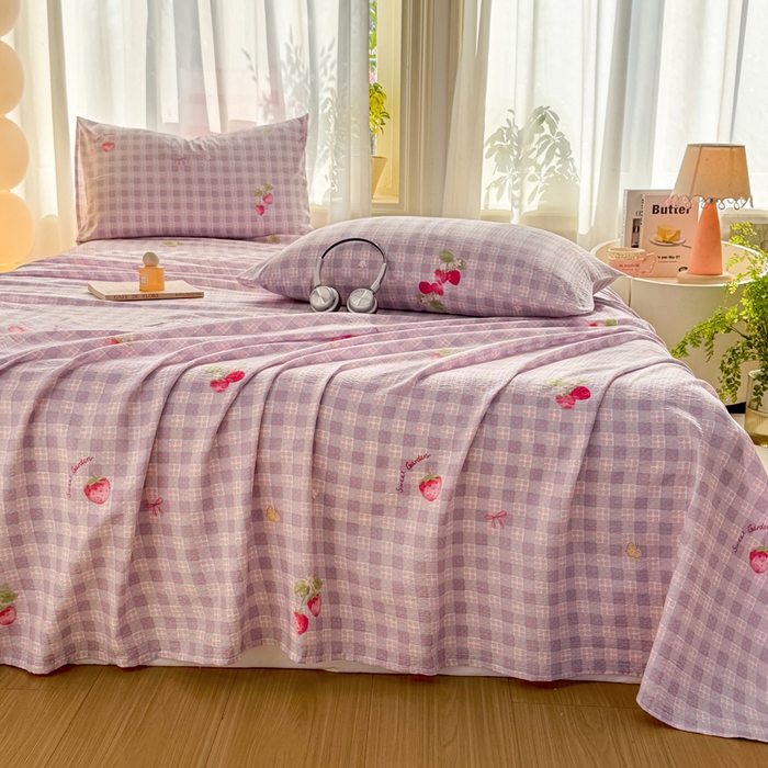 91家纺网 家纺一手货源 找家纺 丝芙妮家居 2026新款皱皱棉双层纱泡芙棉床单单床单 草莓奶昔