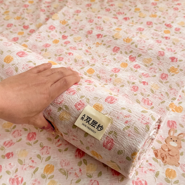 91家纺网 家纺一手货源 找家纺 丝芙妮家居 2026新款皱皱棉双层纱泡芙棉床单单床单 春之约