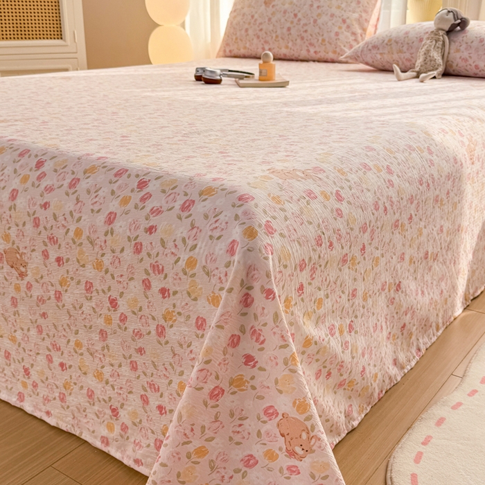 91家纺网 家纺一手货源 找家纺 丝芙妮家居 2026新款皱皱棉双层纱泡芙棉床单单床单 春之约