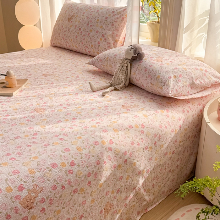 91家纺网 家纺一手货源 找家纺 丝芙妮家居 2026新款皱皱棉双层纱泡芙棉床单单床单 春之约