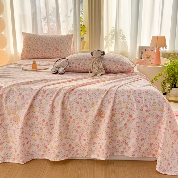 91家纺网 家纺一手货源 找家纺 丝芙妮家居 2026新款皱皱棉双层纱泡芙棉床单单床单 春之约