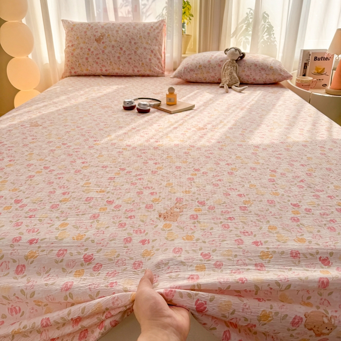 91家纺网 家纺一手货源 找家纺 丝芙妮家居 2026新款皱皱棉双层纱泡芙棉床单单床单 春之约