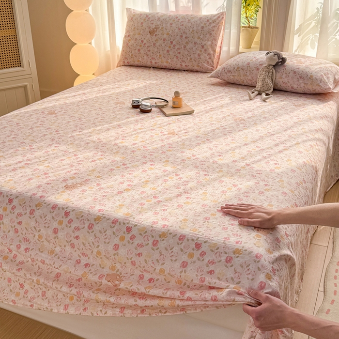 91家纺网 家纺一手货源 找家纺 丝芙妮家居 2026新款皱皱棉双层纱泡芙棉床单单床单 春之约