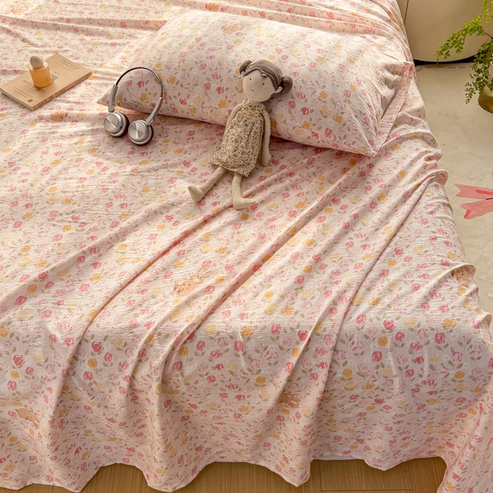 91家纺网 家纺一手货源 找家纺 丝芙妮家居 2026新款皱皱棉双层纱泡芙棉床单单床单 春之约