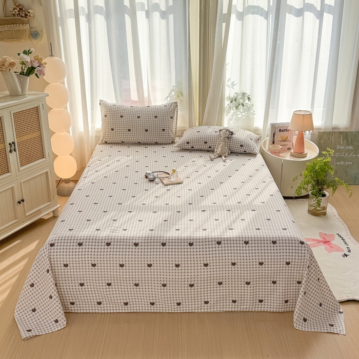 91家纺网 家纺一手货源 找家纺 丝芙妮家居 2026新款皱皱棉双层纱泡芙棉床单单床单 格纹爱心