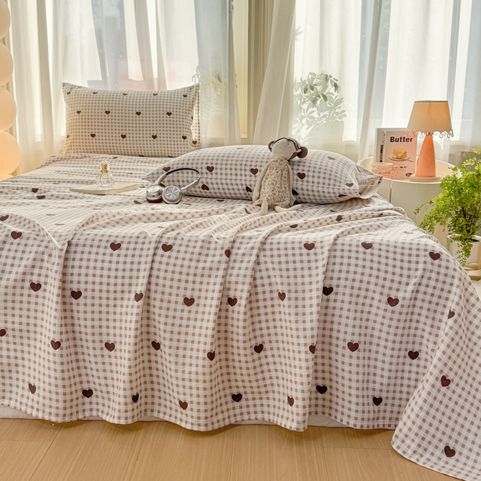 91家纺网 家纺一手货源 找家纺 丝芙妮家居 2026新款皱皱棉双层纱泡芙棉床单单床单 格纹爱心