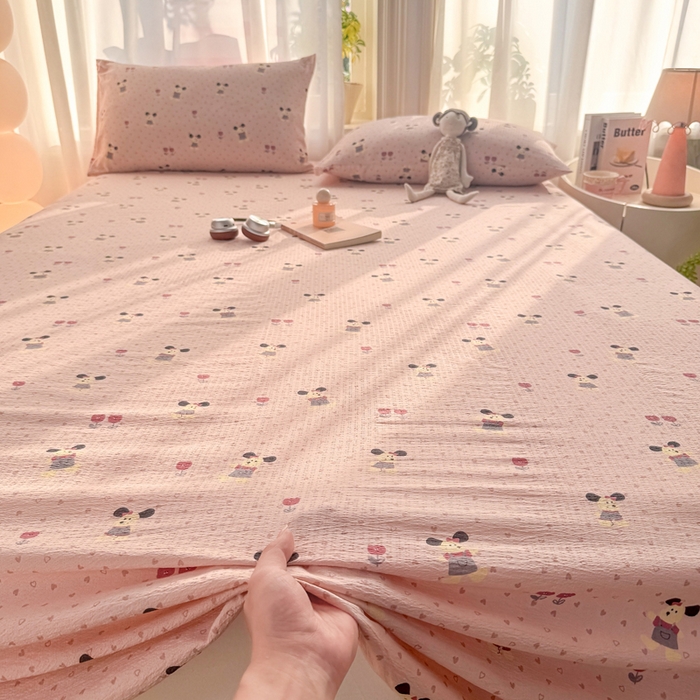 91家纺网 家纺一手货源 找家纺 丝芙妮家居 2026新款皱皱棉双层纱泡芙棉床单单床单 花枝狗狗