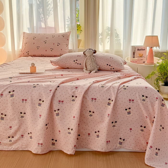 91家纺网 家纺一手货源 找家纺 丝芙妮家居 2026新款皱皱棉双层纱泡芙棉床单单床单 花枝狗狗