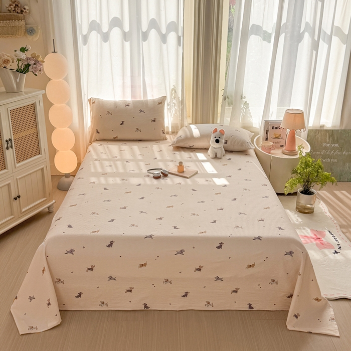 91家纺网 家纺一手货源 找家纺 丝芙妮家居 2026新款皱皱棉双层纱泡芙棉床单单床单 假日小狗