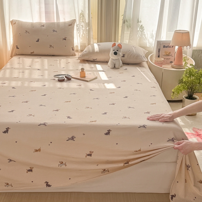 91家纺网 家纺一手货源 找家纺 丝芙妮家居 2026新款皱皱棉双层纱泡芙棉床单单床单 假日小狗