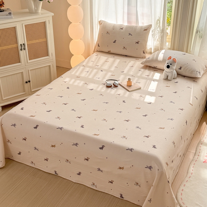 91家纺网 家纺一手货源 找家纺 丝芙妮家居 2026新款皱皱棉双层纱泡芙棉床单单床单 假日小狗