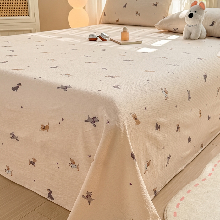 91家纺网 家纺一手货源 找家纺 丝芙妮家居 2026新款皱皱棉双层纱泡芙棉床单单床单 假日小狗