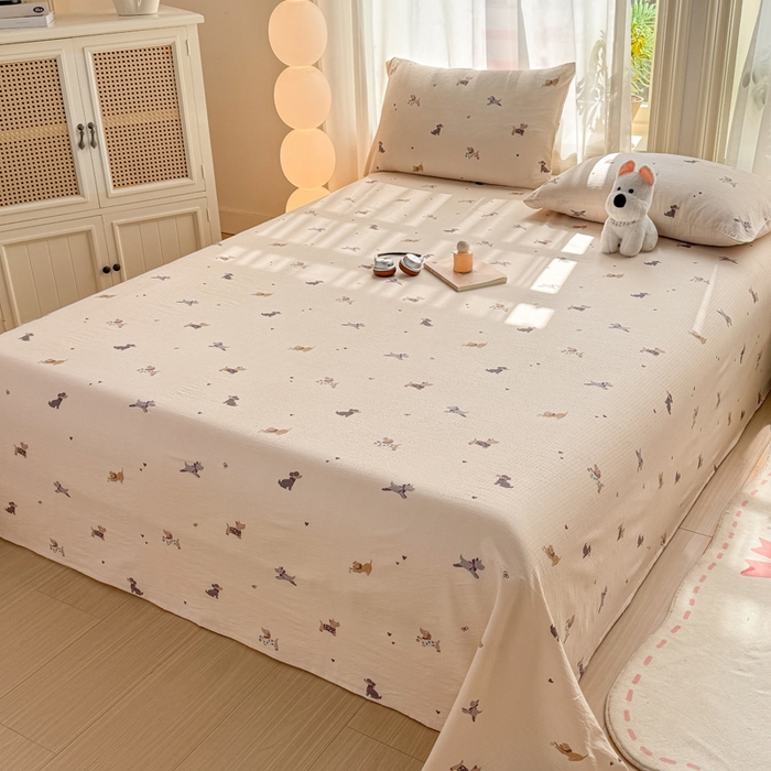 91家纺网 家纺一手货源 找家纺 丝芙妮家居 2026新款皱皱棉双层纱泡芙棉床单单床单 假日小狗