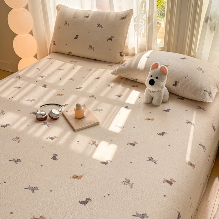 91家纺网 家纺一手货源 找家纺 丝芙妮家居 2026新款皱皱棉双层纱泡芙棉床单单床单 假日小狗