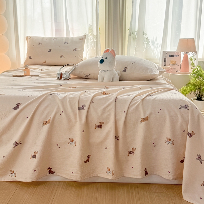 91家纺网 家纺一手货源 找家纺 丝芙妮家居 2026新款皱皱棉双层纱泡芙棉床单单床单 假日小狗