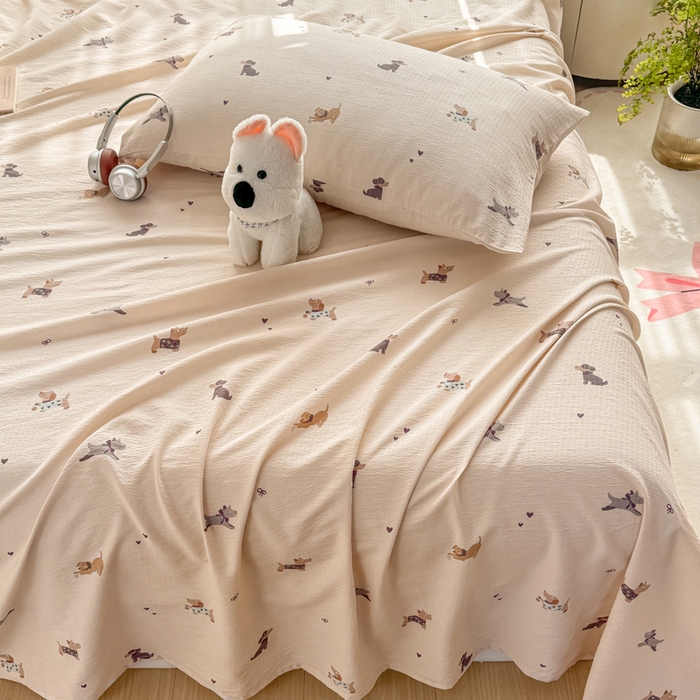 91家纺网 家纺一手货源 找家纺 丝芙妮家居 2026新款皱皱棉双层纱泡芙棉床单单床单 假日小狗