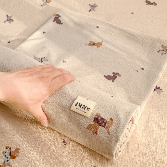 91家纺网 家纺一手货源 找家纺 丝芙妮家居 2026新款皱皱棉双层纱泡芙棉床单单床单 假日小狗