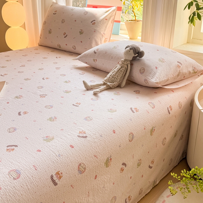 91家纺网 家纺一手货源 找家纺 丝芙妮家居 2026新款皱皱棉双层纱泡芙棉床单单床单 莓果冰淇淋