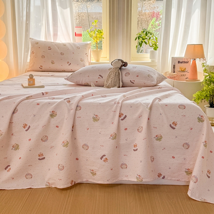 91家纺网 家纺一手货源 找家纺 丝芙妮家居 2026新款皱皱棉双层纱泡芙棉床单单床单 莓果冰淇淋