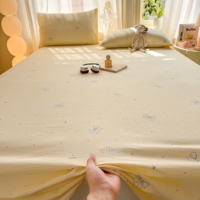 91家纺网 家纺一手货源 找家纺 丝芙妮家居 2026新款皱皱棉双层纱泡芙棉床单单床单 泡芙蝴蝶结