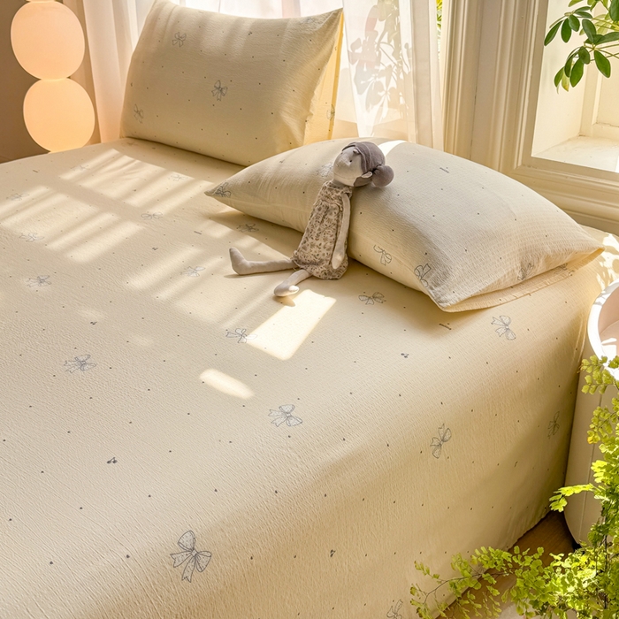 91家纺网 家纺一手货源 找家纺 丝芙妮家居 2026新款皱皱棉双层纱泡芙棉床单单床单 泡芙蝴蝶结