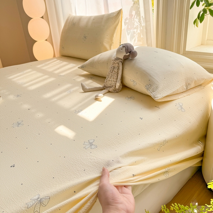 91家纺网 家纺一手货源 找家纺 丝芙妮家居 2026新款皱皱棉双层纱泡芙棉床单单床单 泡芙蝴蝶结