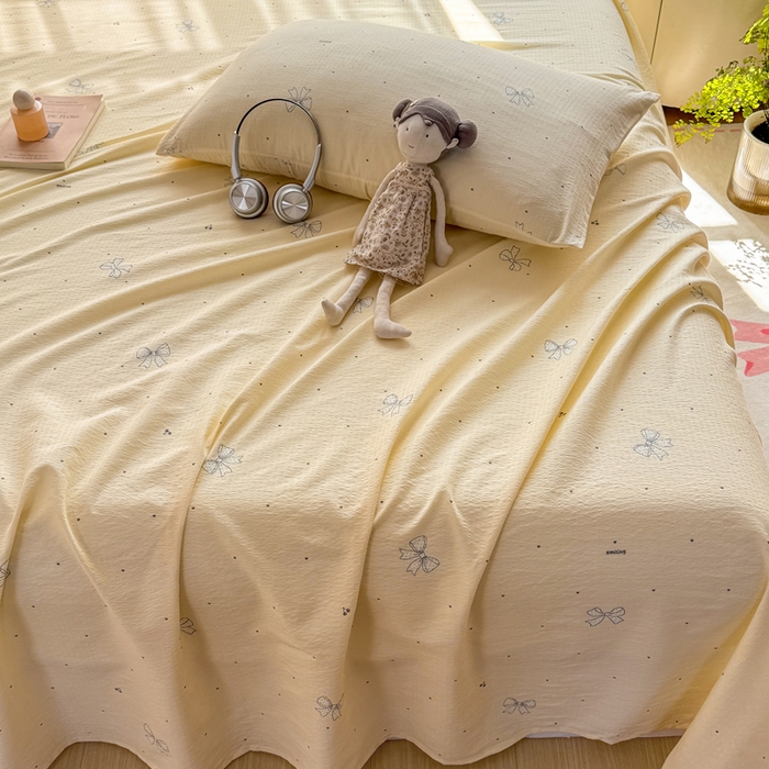 91家纺网 家纺一手货源 找家纺 丝芙妮家居 2026新款皱皱棉双层纱泡芙棉床单单床单 泡芙蝴蝶结