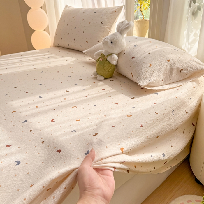 91家纺网 家纺一手货源 找家纺 丝芙妮家居 2026新款皱皱棉双层纱泡芙棉床单单床单 星月点点