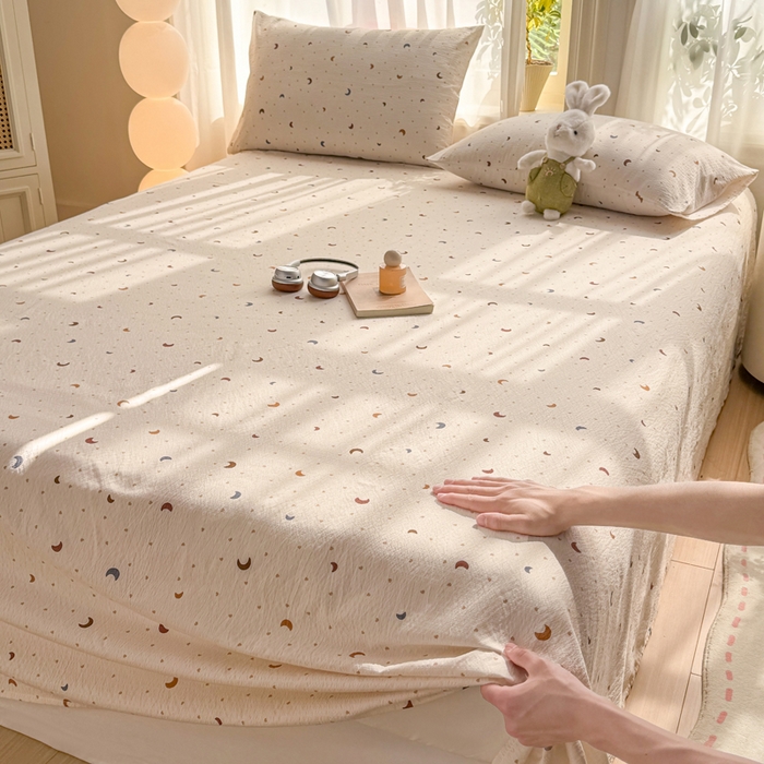 91家纺网 家纺一手货源 找家纺 丝芙妮家居 2026新款皱皱棉双层纱泡芙棉床单单床单 星月点点