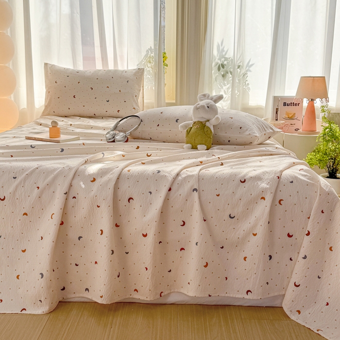 91家纺网 家纺一手货源 找家纺 丝芙妮家居 2026新款皱皱棉双层纱泡芙棉床单单床单 星月点点