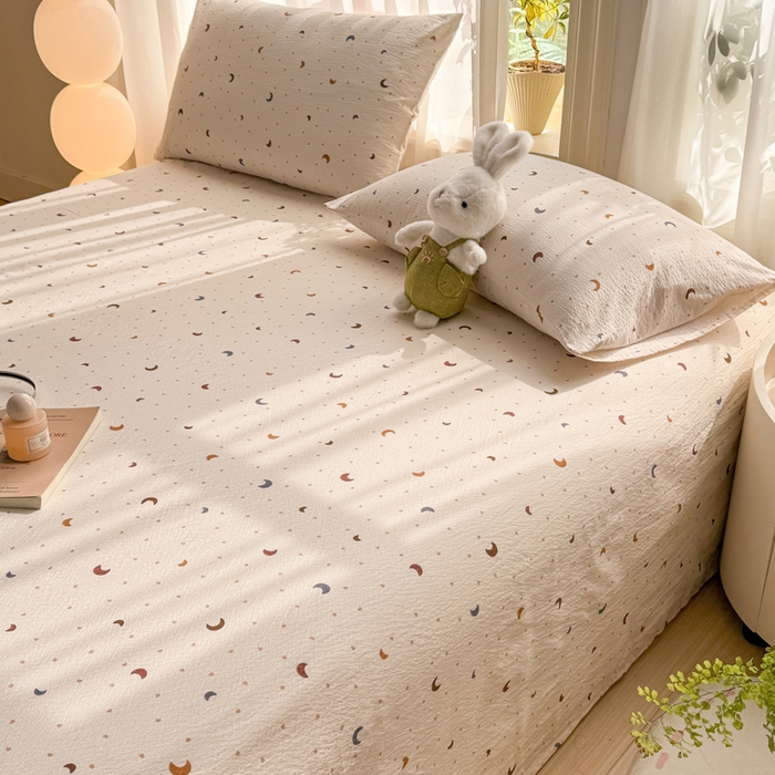 91家纺网 家纺一手货源 找家纺 丝芙妮家居 2026新款皱皱棉双层纱泡芙棉床单单床单 星月点点