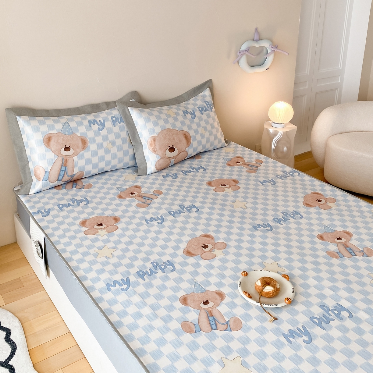 91家纺网 家纺一手货源 找家纺 三味舒屋 2026新款软萌时光系列卡通A类抗菌防螨凉感印花冰丝凉席（床笠款） 星语贝比