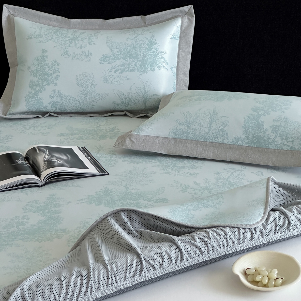 91家纺网 家纺一手货源 找家纺 三味舒屋 2026新款A类抗菌防螨凉感提花冰丝凉席（床笠款） 西雅图绿床席