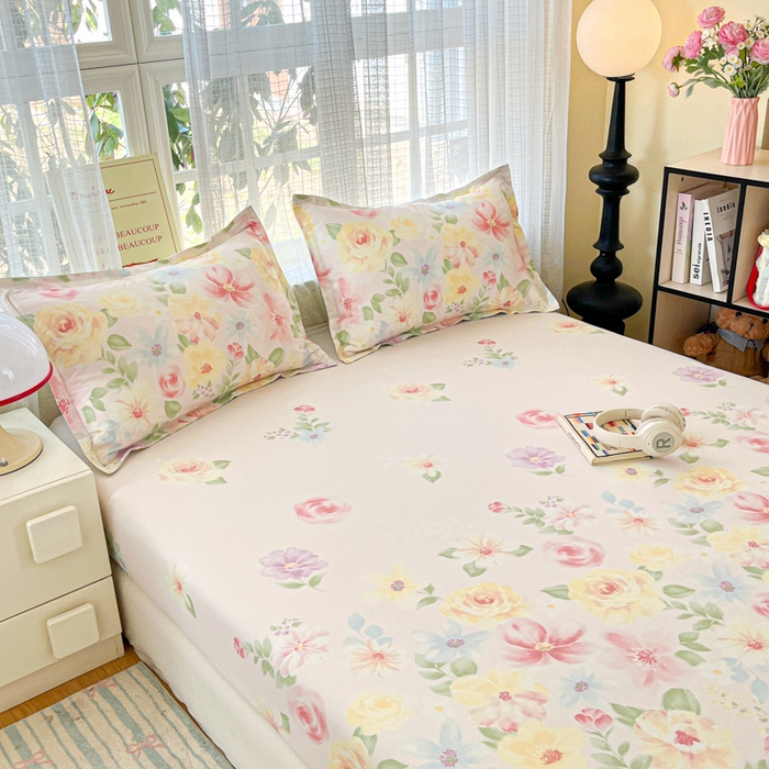 91家纺网 家纺一手货源 找家纺 好亿来家纺 2026新款全棉纯棉印花小清新床笠单件床笠单品单床笠 花木佳期