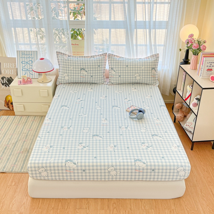 91家纺网 家纺一手货源 找家纺 好亿来家纺 2026新款全棉纯棉印花小清新床笠单件床笠单品单床笠 快乐猫咪