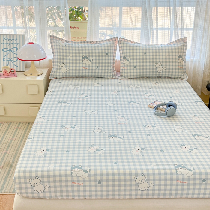 91家纺网 家纺一手货源 找家纺 好亿来家纺 2026新款全棉纯棉印花小清新床笠单件床笠单品单床笠 快乐猫咪