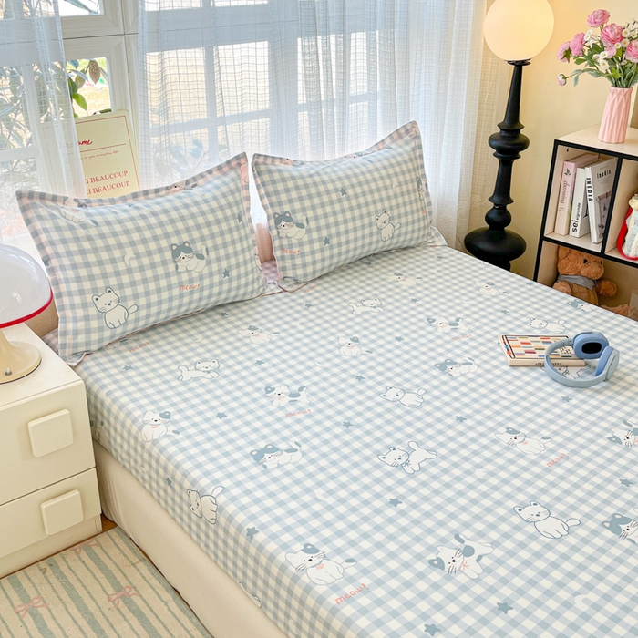 91家纺网 家纺一手货源 找家纺 好亿来家纺 2026新款全棉纯棉印花小清新床笠单件床笠单品单床笠 快乐猫咪