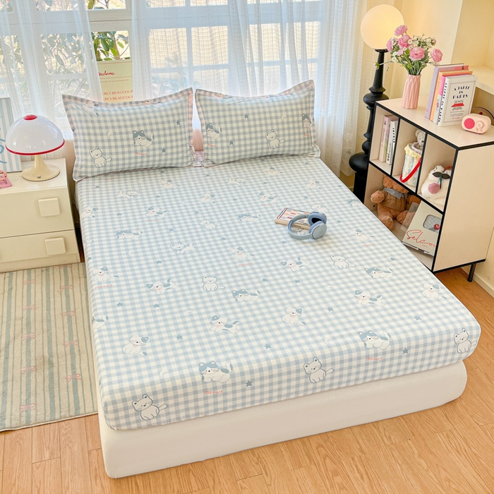 91家纺网 家纺一手货源 找家纺 好亿来家纺 2026新款全棉纯棉印花小清新床笠单件床笠单品单床笠 快乐猫咪