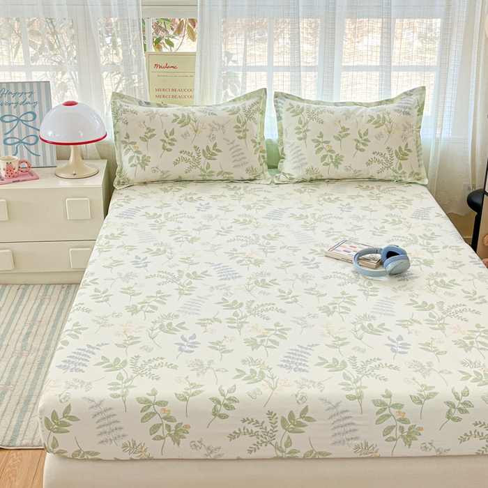 91家纺网 家纺一手货源 找家纺 好亿来家纺 2026新款全棉纯棉印花小清新床笠单件床笠单品单床笠 沁雨花叶