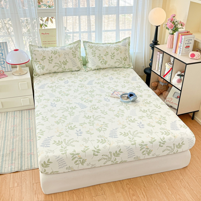 91家纺网 家纺一手货源 找家纺 好亿来家纺 2026新款全棉纯棉印花小清新床笠单件床笠单品单床笠 沁雨花叶