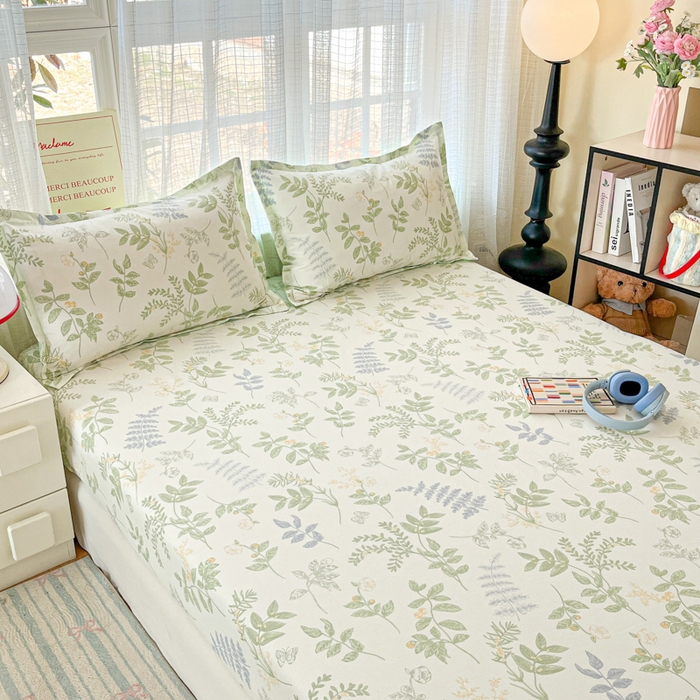 91家纺网 家纺一手货源 找家纺 好亿来家纺 2026新款全棉纯棉印花小清新床笠单件床笠单品单床笠 沁雨花叶