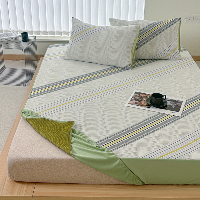 91家纺网 家纺一手货源 找家纺 馨乐家纺 2026新款A类三层纱夹棉床笠（特殊尺寸 量大可定制） 三层纱床笠-春竹