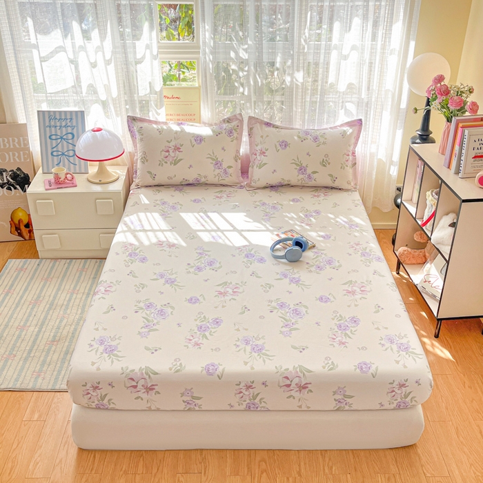 91家纺网 家纺一手货源 找家纺 好亿来家纺 2026新款全棉纯棉印花小清新床笠单件床笠单品单床笠 紫韵花香