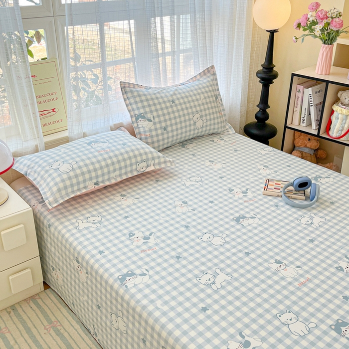 91家纺网 家纺一手货源 找家纺 好亿来家纺 2026新款全棉纯棉印花小清新床单单件床单单品单床单 快乐猫咪