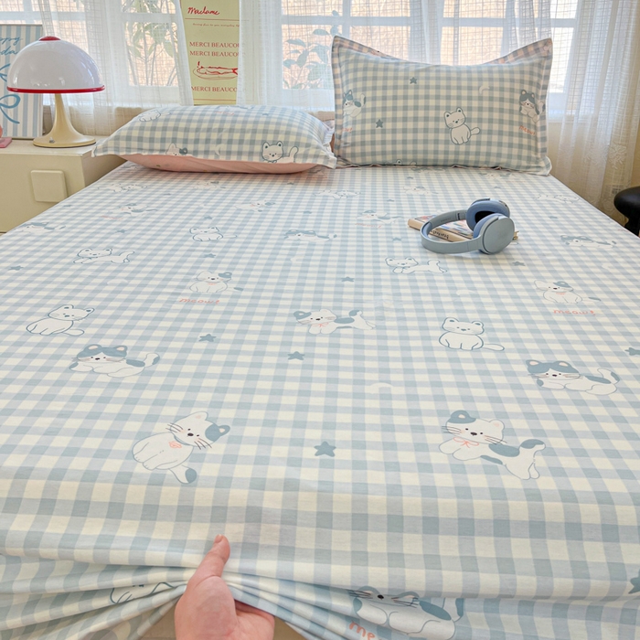 91家纺网 家纺一手货源 找家纺 好亿来家纺 2026新款全棉纯棉印花小清新床单单件床单单品单床单 快乐猫咪