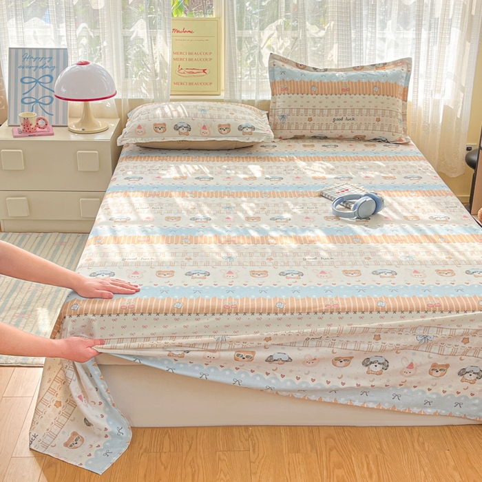 91家纺网 家纺一手货源 找家纺 好亿来家纺 2026新款全棉纯棉印花小清新床单单件床单单品单床单 米条萌宠