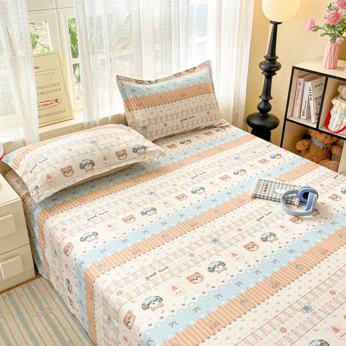 91家纺网 家纺一手货源 找家纺 好亿来家纺 2026新款全棉纯棉印花小清新床单单件床单单品单床单 米条萌宠